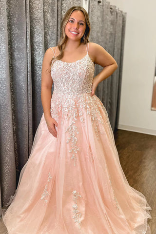 A-Line Scoop Neck Blush Pink Tulle Long Prom Dresses with Appliques VK23091007