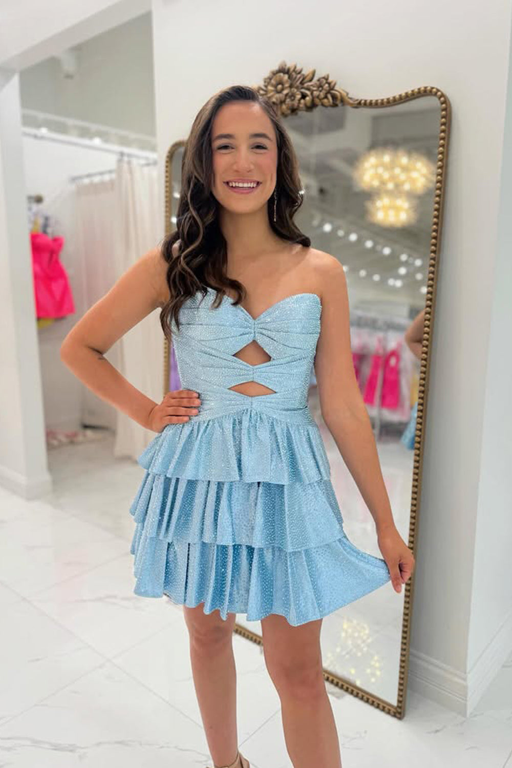 Cute A Line Keyhole Light Blue Satin Homecoming Dress with Beading VK061408