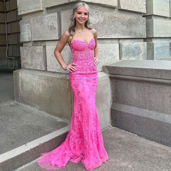 Cute Mermaid Sweetheart Hot Pink Long Prom Dresses with Appliques VK23050604