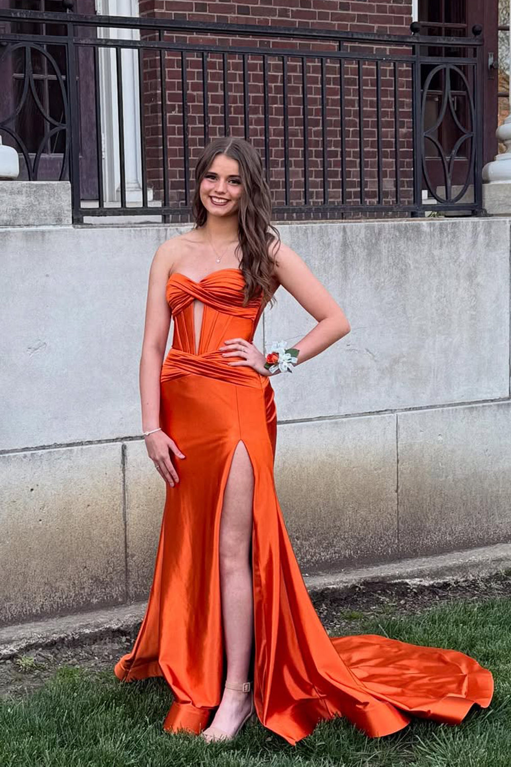 Cute Mermaid Sweetheart Keyhole Orange Satin Prom Gown with Slit VK25052408