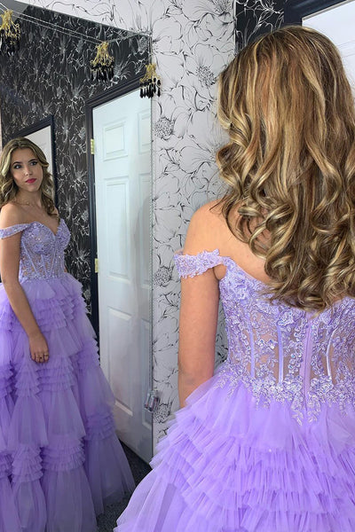 Lilac Off the Shoulder Tiered Tulle Long Prom Dresses with Appliques VK23121306