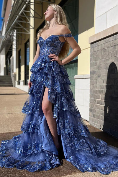 Romantic Lavender Off the Shoulder Sequin Lace Long Prom Dresses VK23091008