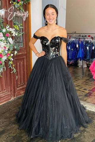 Black Mirror-Cut Sequins Top Off-the-Shoulder A-line Tulle Long Prom Dress VK23102903