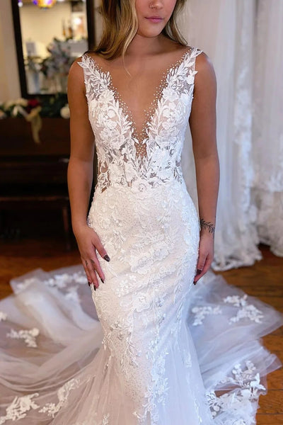 Mermaid Deep V Neck White Lace Wedding Dress with Sweep Train VK23090101
