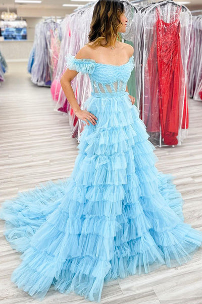 Light Blue Off the Shoulder Ruffle Tiered Long Prom Dress VK23122501