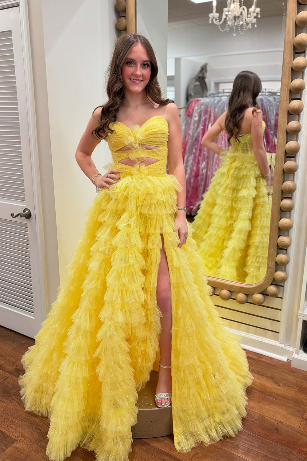 A-Line Strapless Yellow Ruffle Tiered Tulle Long Prom Dresses with Slit VK25031110