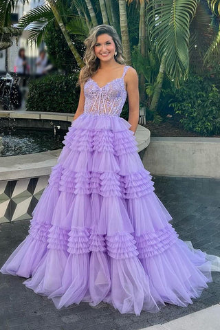 Lilac Sweetheart Ruffle Tiered Tulle  A-Line Long Prom Dress VK23121606