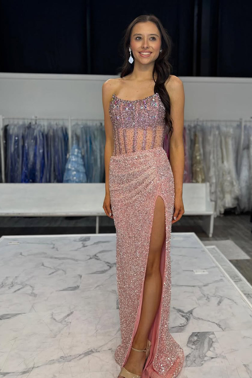 Mermaid Strapless Pink Sequins Beads Long Prom Dresses with Slit VK25032309