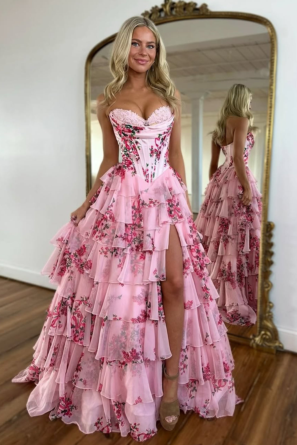 A-Line Strapless Pink Floral Printed Ruffle Tiered Long Prom Dresses with Slit VK022304