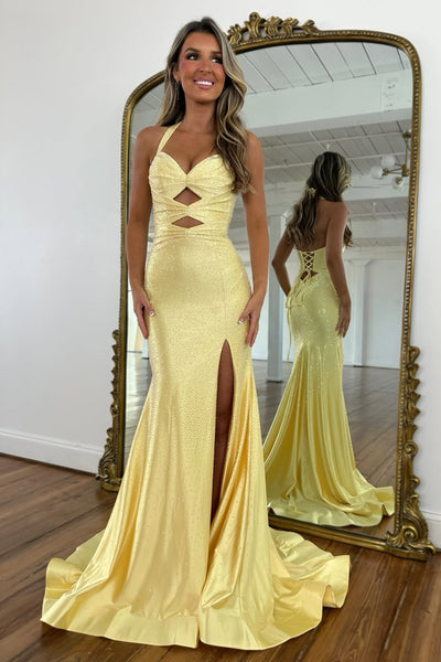 Pink Mermaid Halter Keyholes Beaded Long Prom Dresses with Slit VK26012903