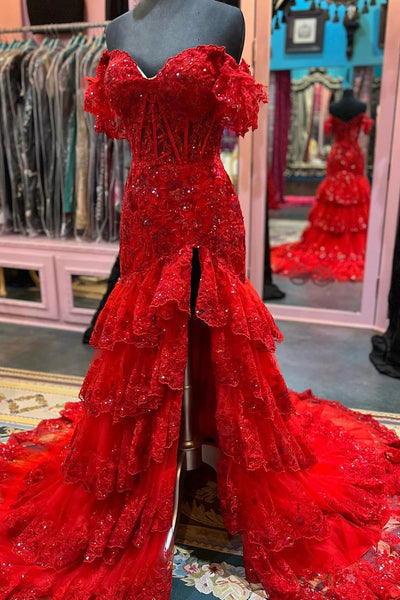 Red A-Line Off the Shoulder Sparkly Tulle Long Prom Dresses with Slit VK23091009