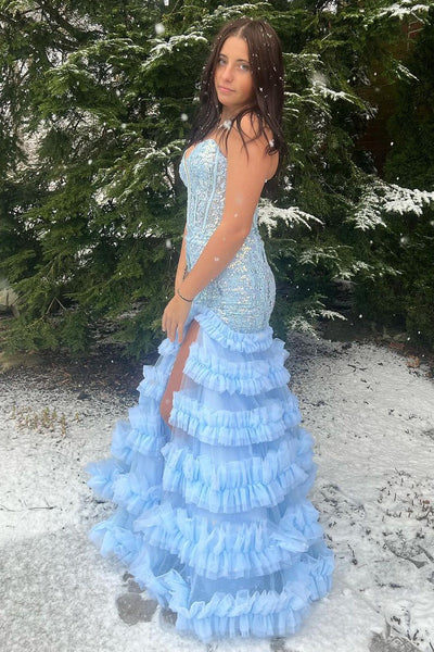 Light Blue Sweetheart Sequins Lace Prom Dresses with Slit VK24011201