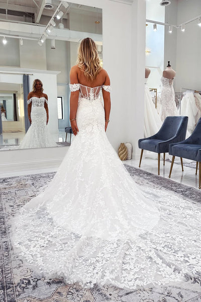 Boho Off the Shoulder Mermaid Lace Wedding Dress with Appliques VK102909