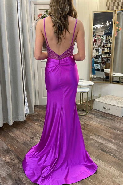 Purple Sweetheart Satin Mermaid Long Prom Dresses with Slit VK23121610