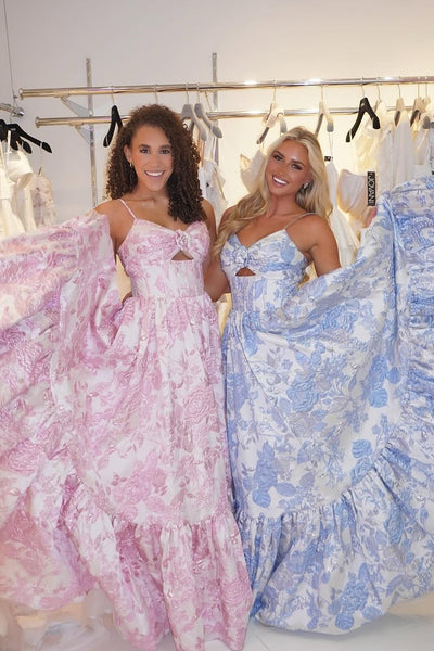 Charming A-Line Spaghetti Straps Blue Jacquard Satin Keyhole Long Prom Dresses Formal Gown VK25101708