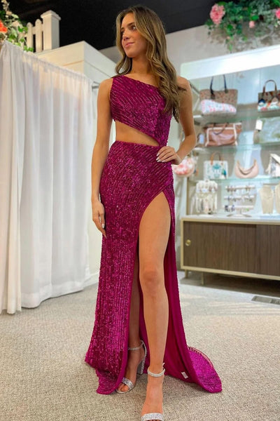 Mermaid One Shoulder Blue Cut Out Prom Dress with Split Front VK23101002