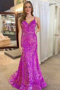 Sparkly Magenta Sequin Lace-Up Mermaid Long Prom Dress VK23112101