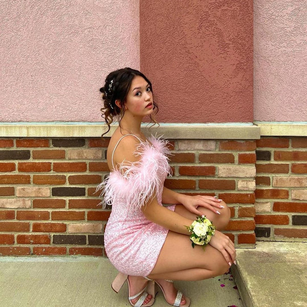 Sparkly Bodycon Scoop Neck Pink Sequins Short homecoming Dresses with Feather VK23051508