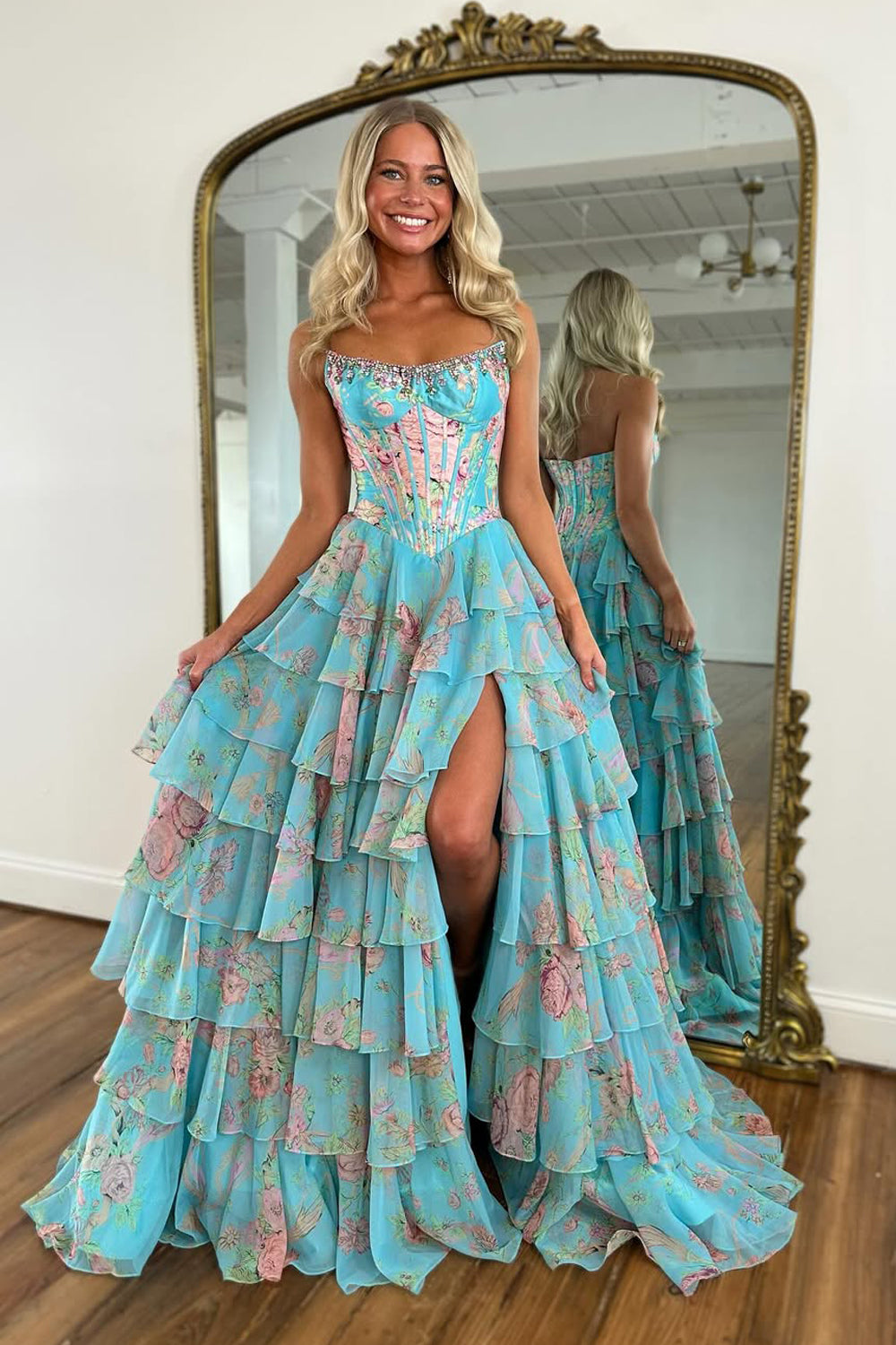 A-Line Strapless Floral Printed Chiffon Ruffle Tiered Corset Long Prom Dresses with Slit VK25102802