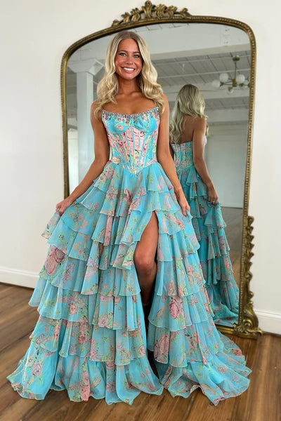 A-Line Strapless Floral Printed Chiffon Ruffle Tiered Corset Long Prom Dresses with Slit VK25102802