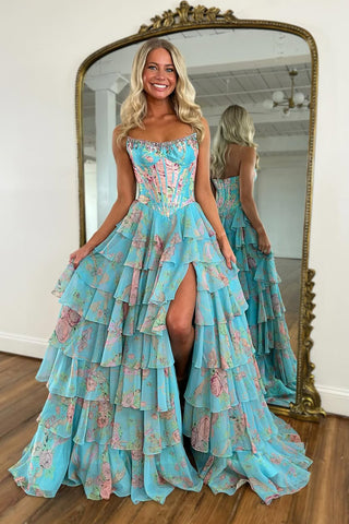A-Line Strapless Floral Printed Chiffon Ruffle Tiered Corset Long Prom Dresses with Slit VK25102802