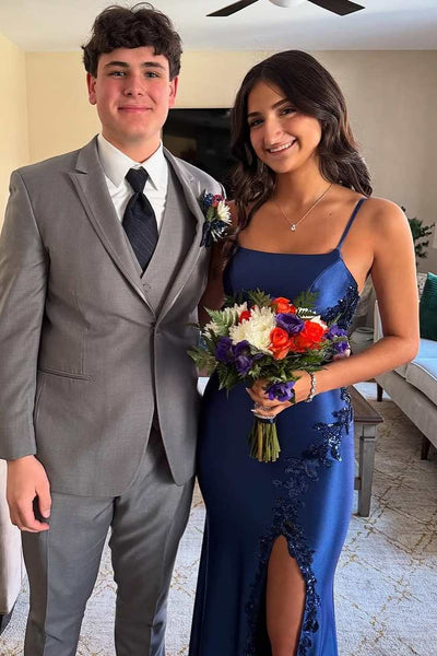 Mermaid Square Neck Navy Blue Satin Spaghetti Straps Prom Dresses with Slit VK26011706