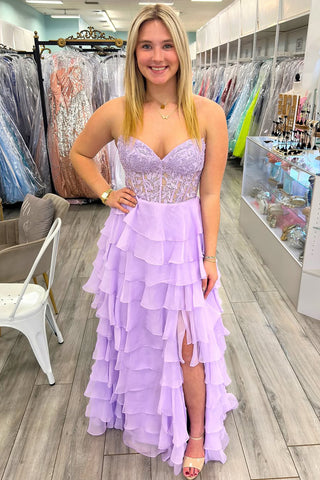 Cute A Line Sweetheart Lavender Chiffon Tiered Long Prom Dress VK25010706
