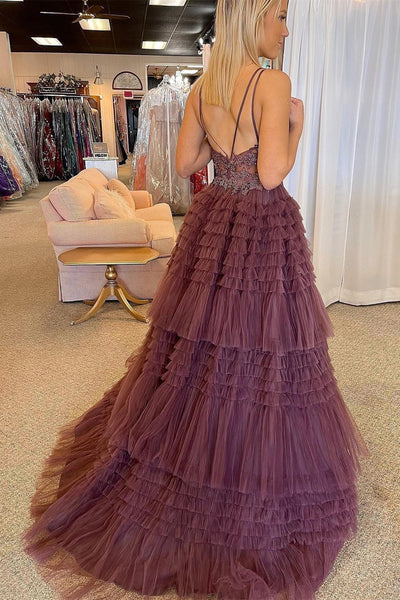 High-Low Tulle Plunge V Tiered Formal Gown with Ruffles VK23093008