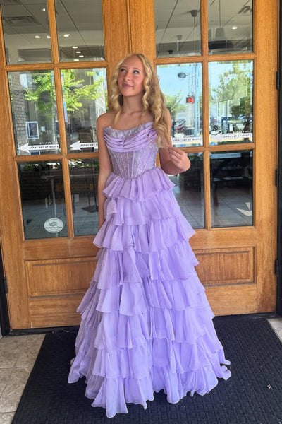 Gorgeous A Line Scoop Neck Lavender Tiered Chiffon Prom Dress VK25121007