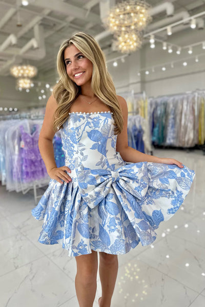 A Line Strapless Jacquard Satin Homecoming Dress with Pearls VK26060905