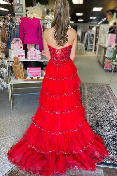 Cute A Line Strapless Red Tulle Tiered Prom Dresses with Appliques VK24120312