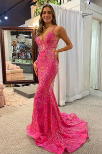 Fuchsia Sequins Appliques V Neck Long Prom Dresses VK23122804