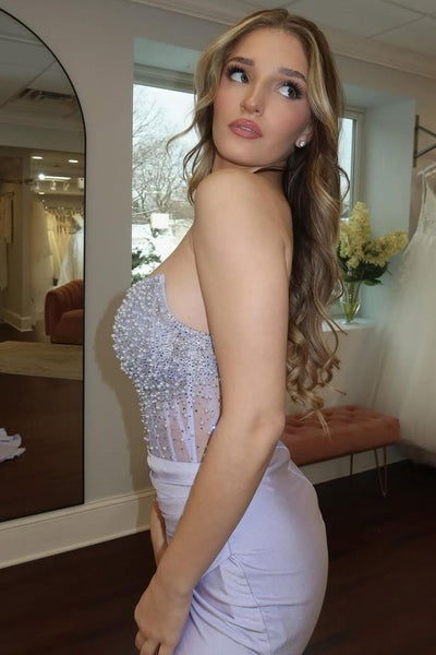 Mermaid Strapless Lilac Beaded Long Prom Dresses with Slit VK26011707