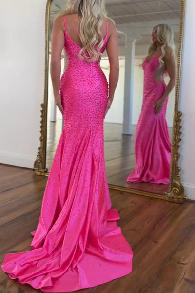 Mermaid V Neck Hot Pink Beads Long Prom Dresses with Slit VK26020103