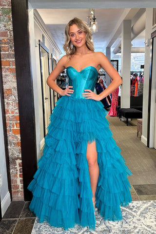 Blue Sweetheart Tiered Tulle Long Prom Dresses with Slit VK24022902