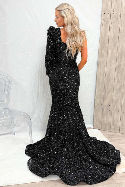 Black Sequin One-Sleeve Mermaid Long Prom Dress with Slit VK23092404