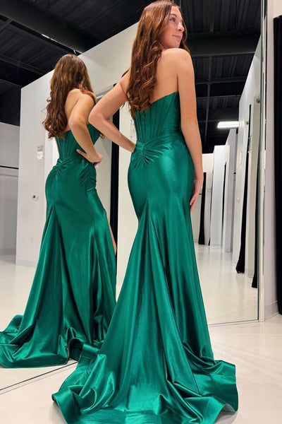 Emerald Satin Mermaid Long Prom Dresses with Detachable Shoulder Straps VK24011202