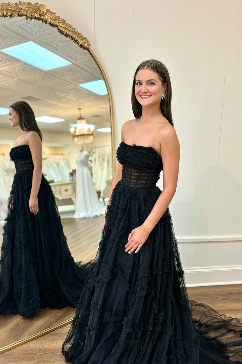 Black Strapless Ruffle Tulle A-Line Prom Dresses VK24030603