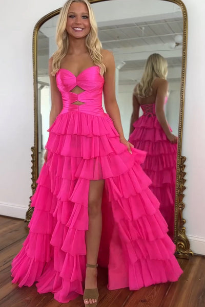 A Line Sweetheart Fuchsia Chiffon Tiered Long Prom Dress VK26031807