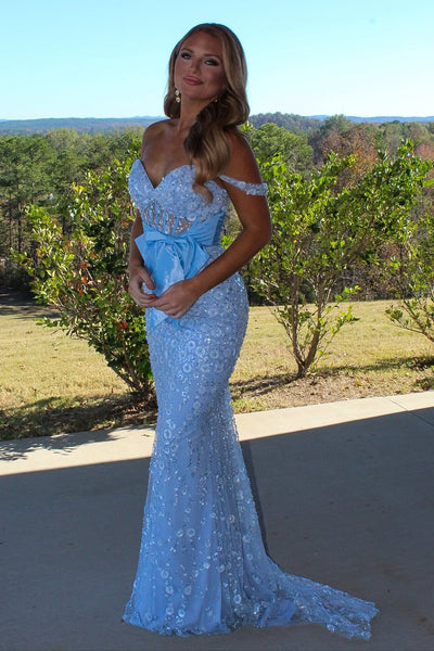 Mermaid Off the Shoulder Corset Light Blue Sequin Appliques Long Prom Dresses with Bow VK26011006