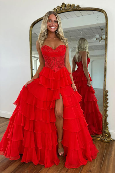 A-Line Sweetheart Red Ruffle Tiered Chiffon Long Prom Dresses with Side Split VK25101705