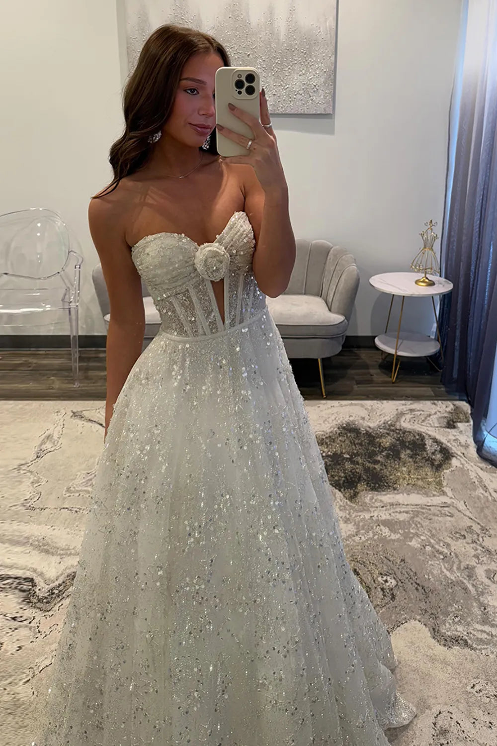 Sparkly White Sequins Long A Line Sweetheart Prom Dress VK022502