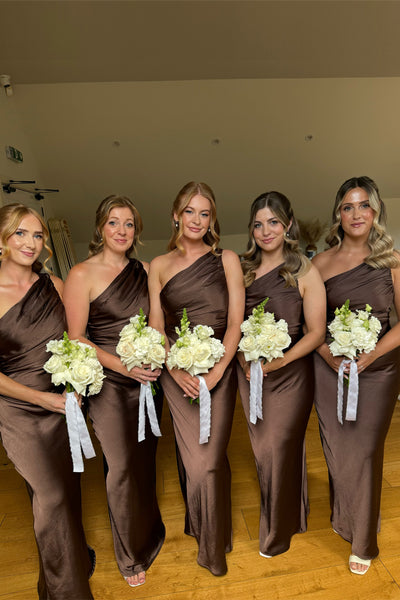 Sheath One Shoulder Brown Silk Satin Long Bridesmaid Dresses VK26081005