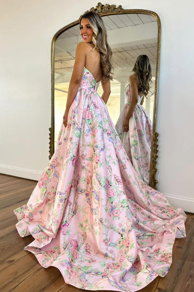 Romantic Halter V Neck Floral Print Satin Prom Dresses with Backless VK26020306