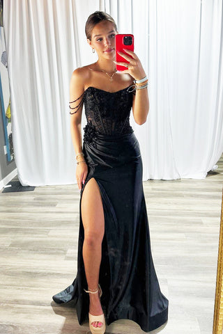 Mermaid Off the Shoulder Corset Sequin Beaded Black Long Prom Dresses with Side Slit VK25101501
