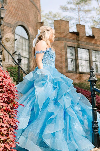 Blue Off the Shoulder Ruffle Tiered Tulle Long Prom Dresses with Appliques VK24032403