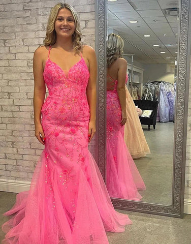Pink Spaghetti Straps Corset Tulle Prom Dress With Appliques VK24030105