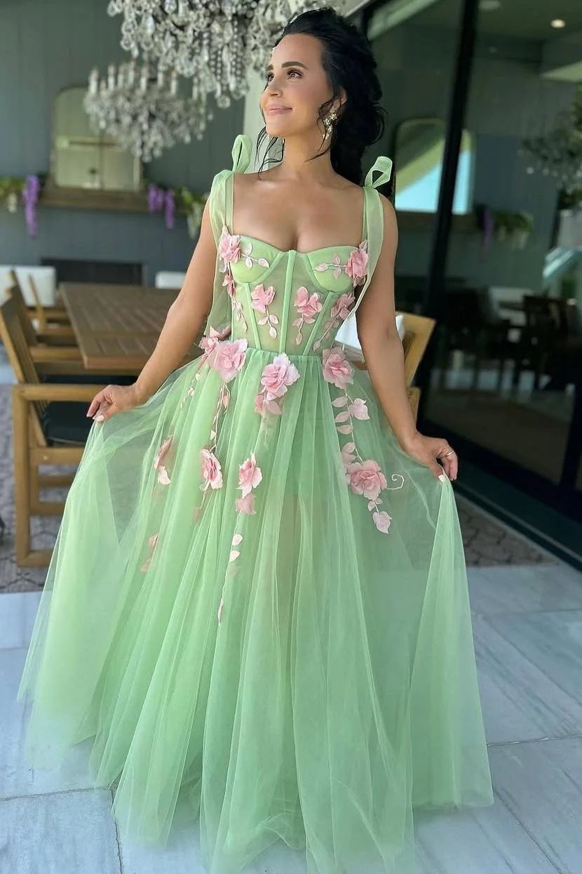 Fairy A Line Sweetheart Sage Green Tulle Long Prom Dress with Appliques VK25010701