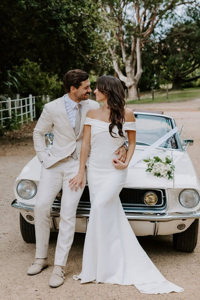 Charming Mermaid Off the Shoulder Stretch Satin Wedding Dress with Button VK25061104