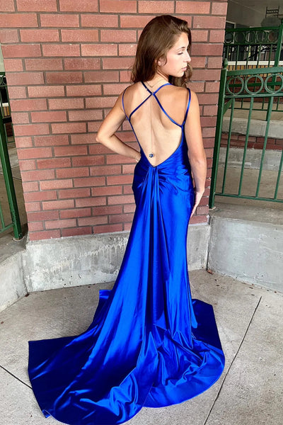 Royal Blue Satin Mermaid Straps Long Prom Dress with Slit VK23102708